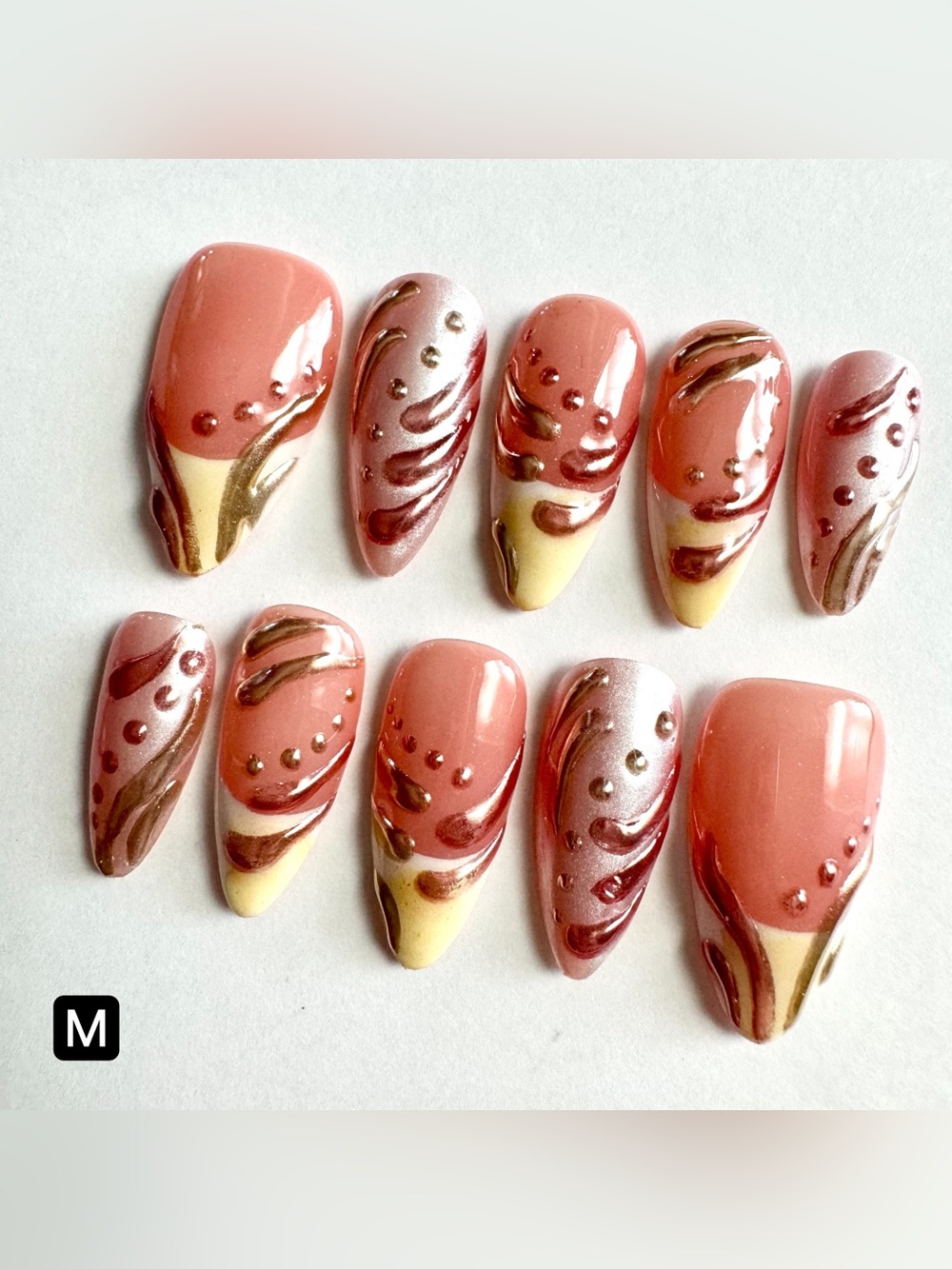 Peachy Pink Swirl Press-On Nail Set with Rose Gold Accents